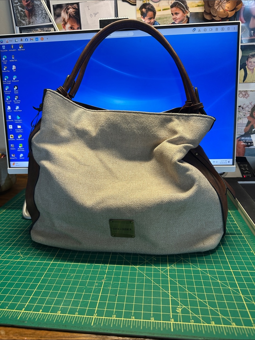 Coco + Carmen Cream Canvas Tote with Brown Leather Trim